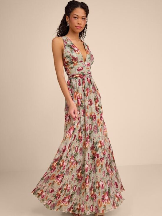 Lulus Dresses & Skirts - Lulus Leora Sage Floral Pleated Tiered Maxi Dress Green - Size M
